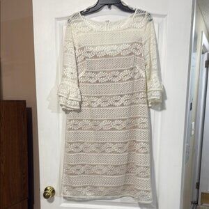 Cream Sheath Dress with Bateau Neckline and 3/4 Bell Sleeves